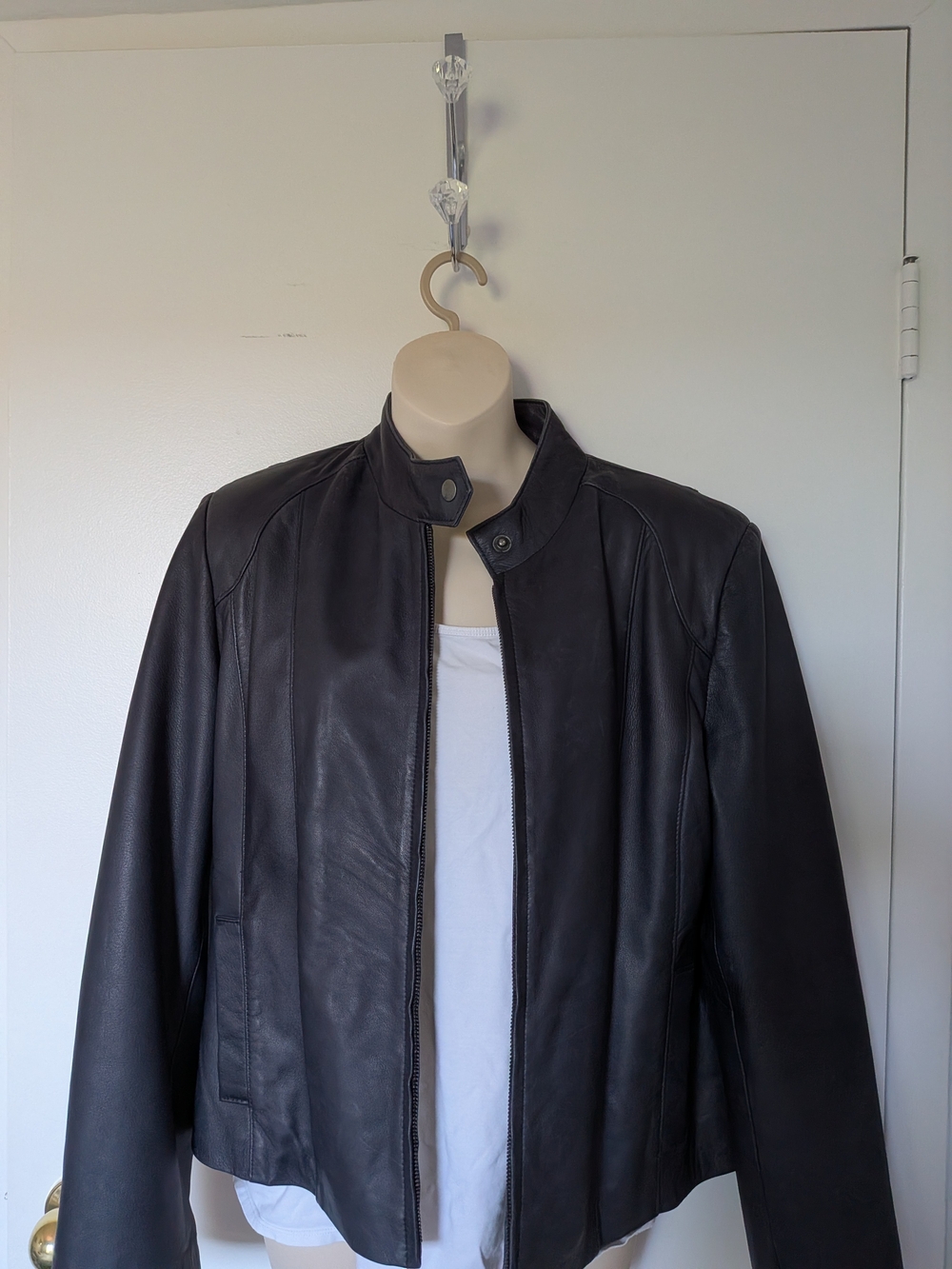 Women's Dark Grey Leather Snap-Stand Collar Jacket